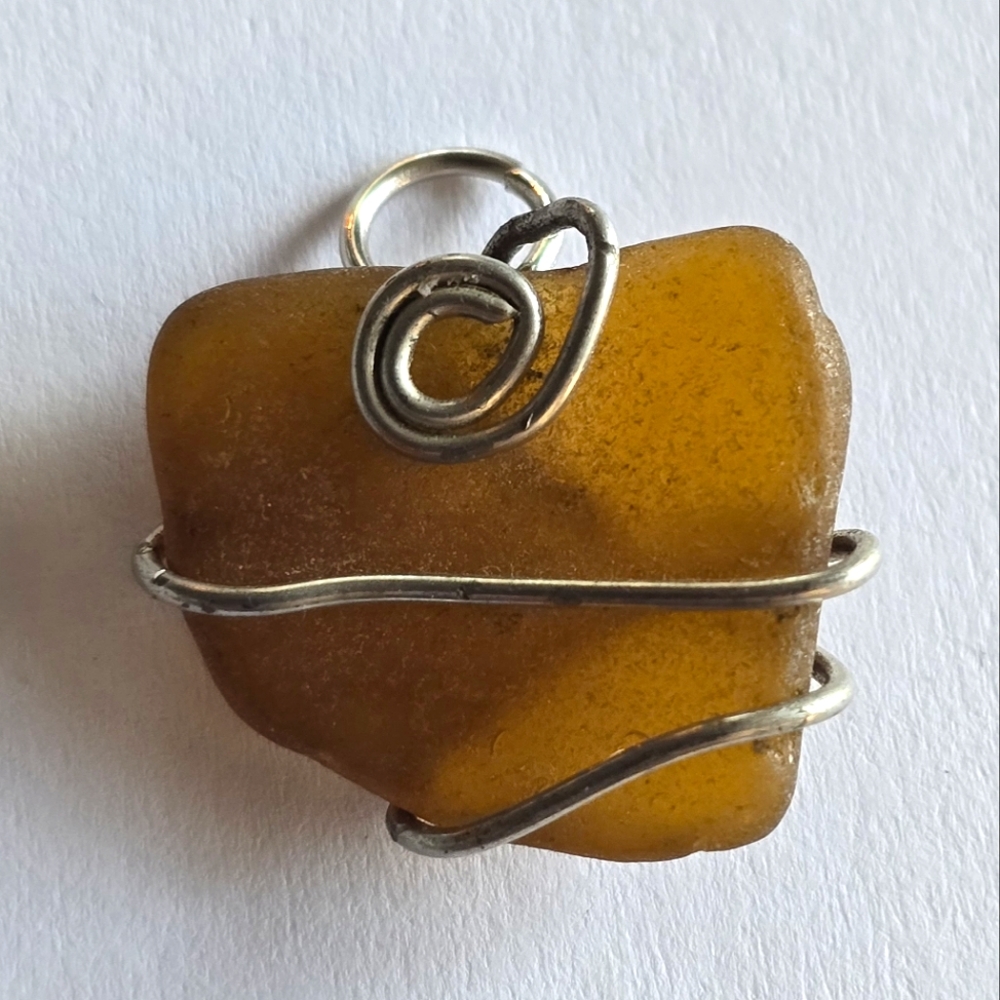 Sea glass pendant charm brown seaglass wire wrap silver tone handmade